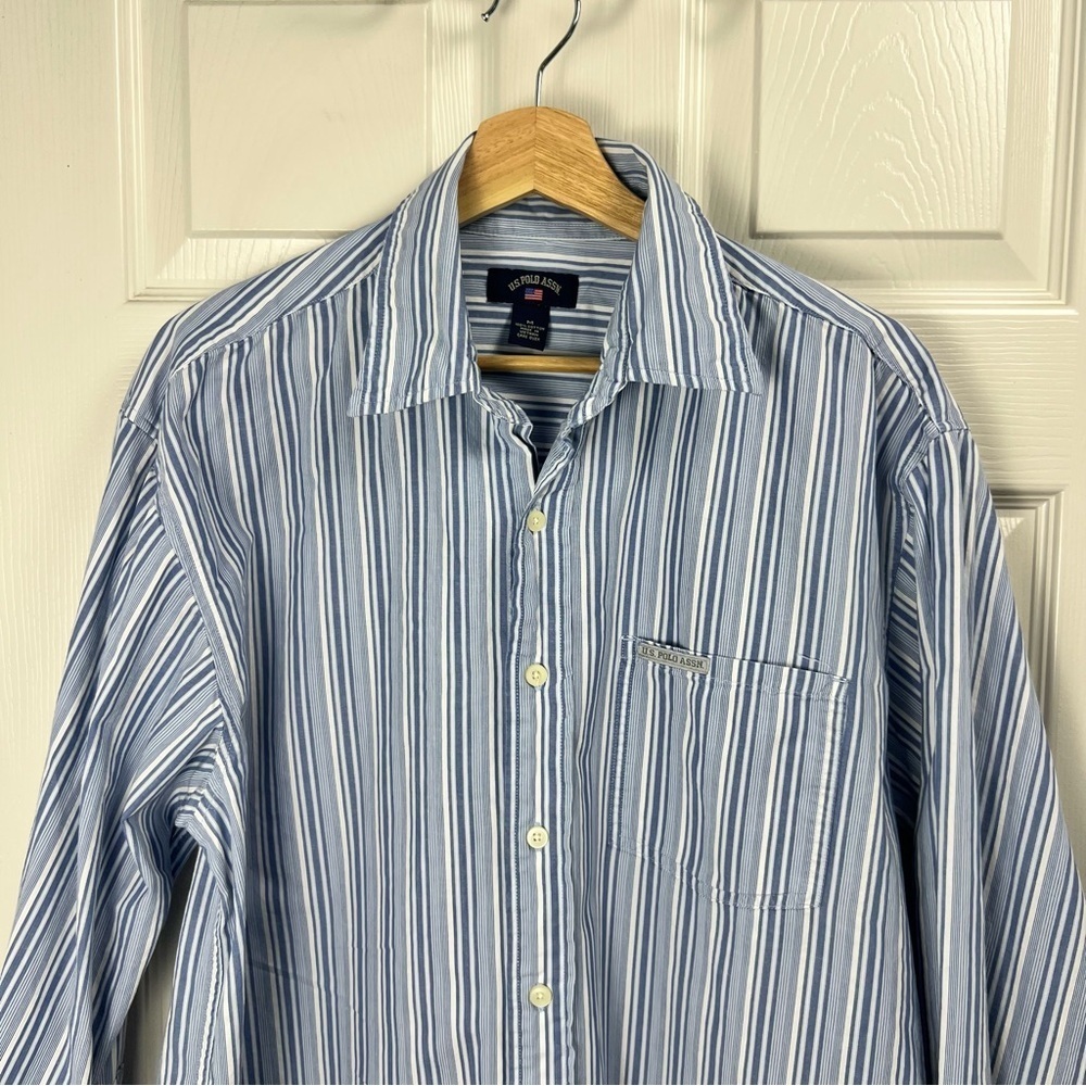 U.S. Polo Assn. Men’s Medium Blue White Striped Button Down Shirt Classic Oxford - Picture 2 of 14